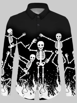 Halloween Skeleton Fire Print Button Up Shirt