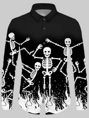 Halloween Skeleton Fire Print Button Up Shirt