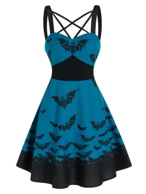 Front Strappy Bat Print High Waist Mini Cami Dress