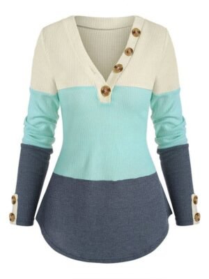 Colorblock Buttons V Neck Knitwear