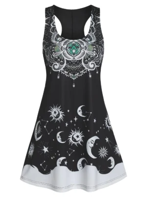 Sun Moon Star Print Mini Tank Dress