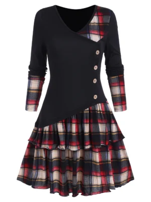 Plaid Colorblock Button Asymmetric Layered Dress