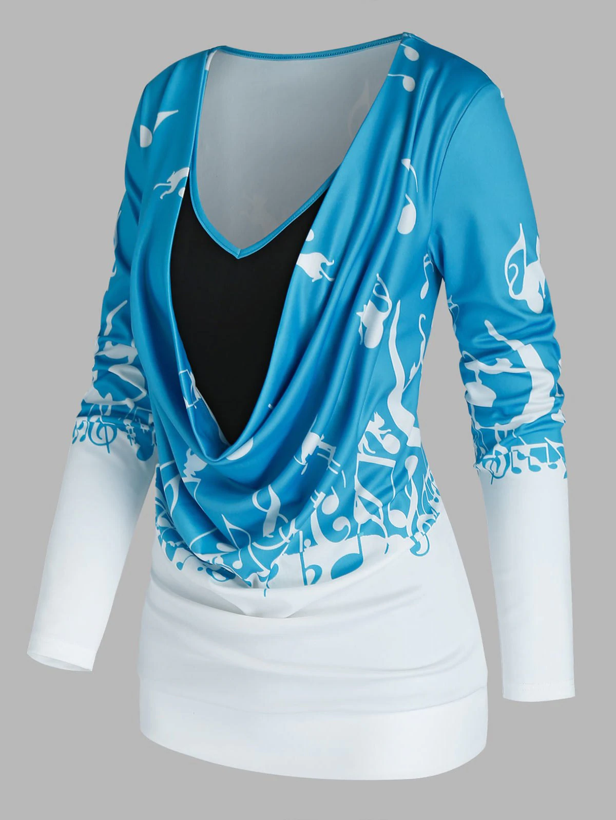 Blue & White Music Note Cowl Blouson Top — Layered V‑Neck Detail Blue & White Music Note Cowl Blouson Top — Layered V‑Neck Detail