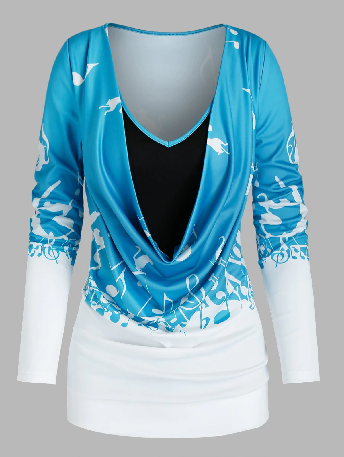 Colorblock Notes Pattern Cowl Blouson Top