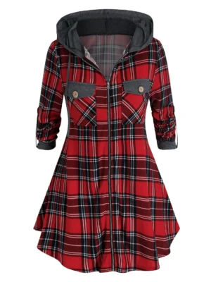 Plus Size Hooded Plaid Dual Pocket Zip Up Coat