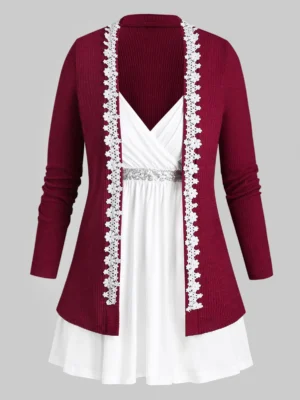 Plus Size Sequins Surplice Tank Top and Longline Cardigan Set