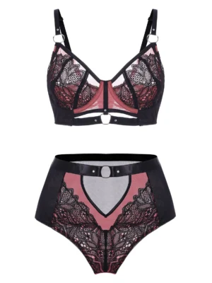 Plus Size O Ring Lace Insert Cutout Lingerie Set