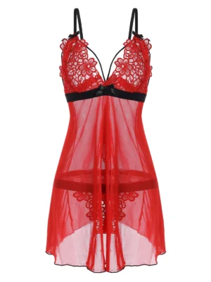 Plus Size Crochet Lace Cups Mesh Babydoll Set