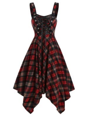 Sleeveless Plaid Print Lace-up Handkerchief Dress