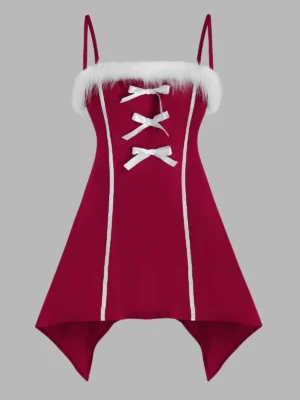 Plus Size Bowknot Faux Fur Cami Lingerie Christmas Dress Set
