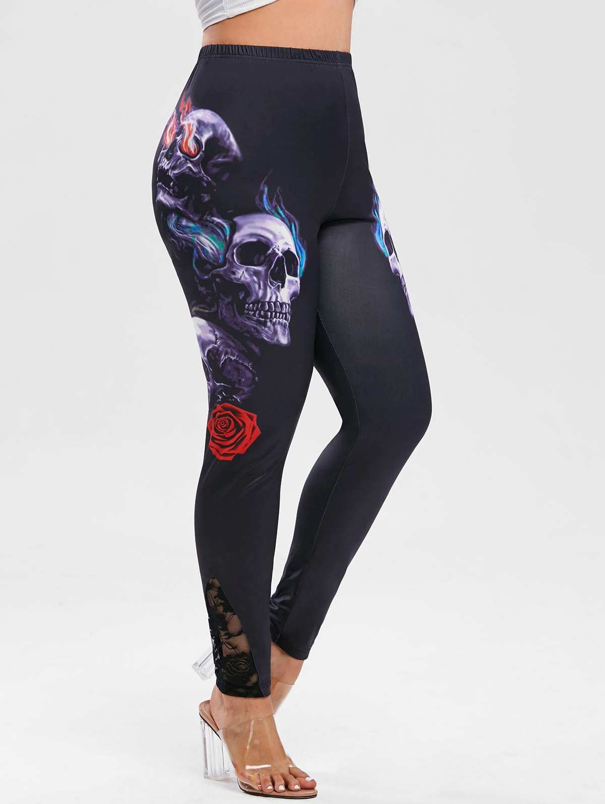 Plus Size Halloween Skull Lace Panel High Rise Leggings