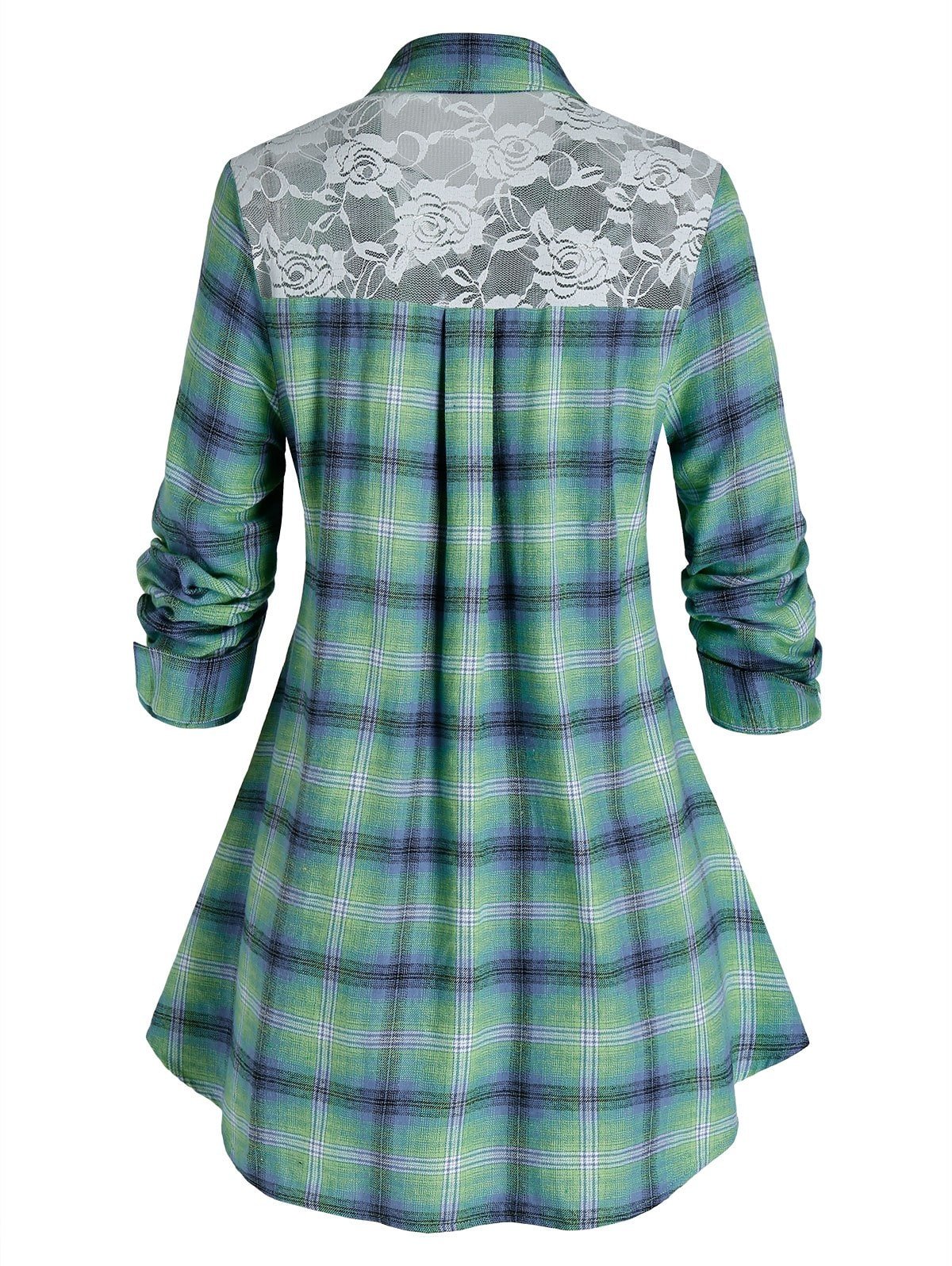 Plus Size Plaid Lace Panel Button Blouse