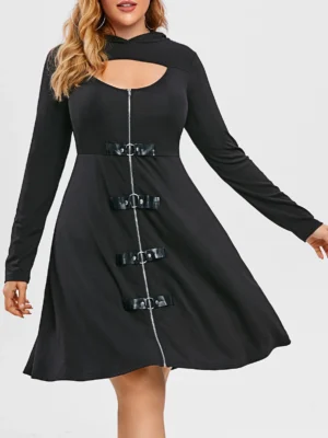 Plus Size Cut Out Zippered Hooded Gothic Dress