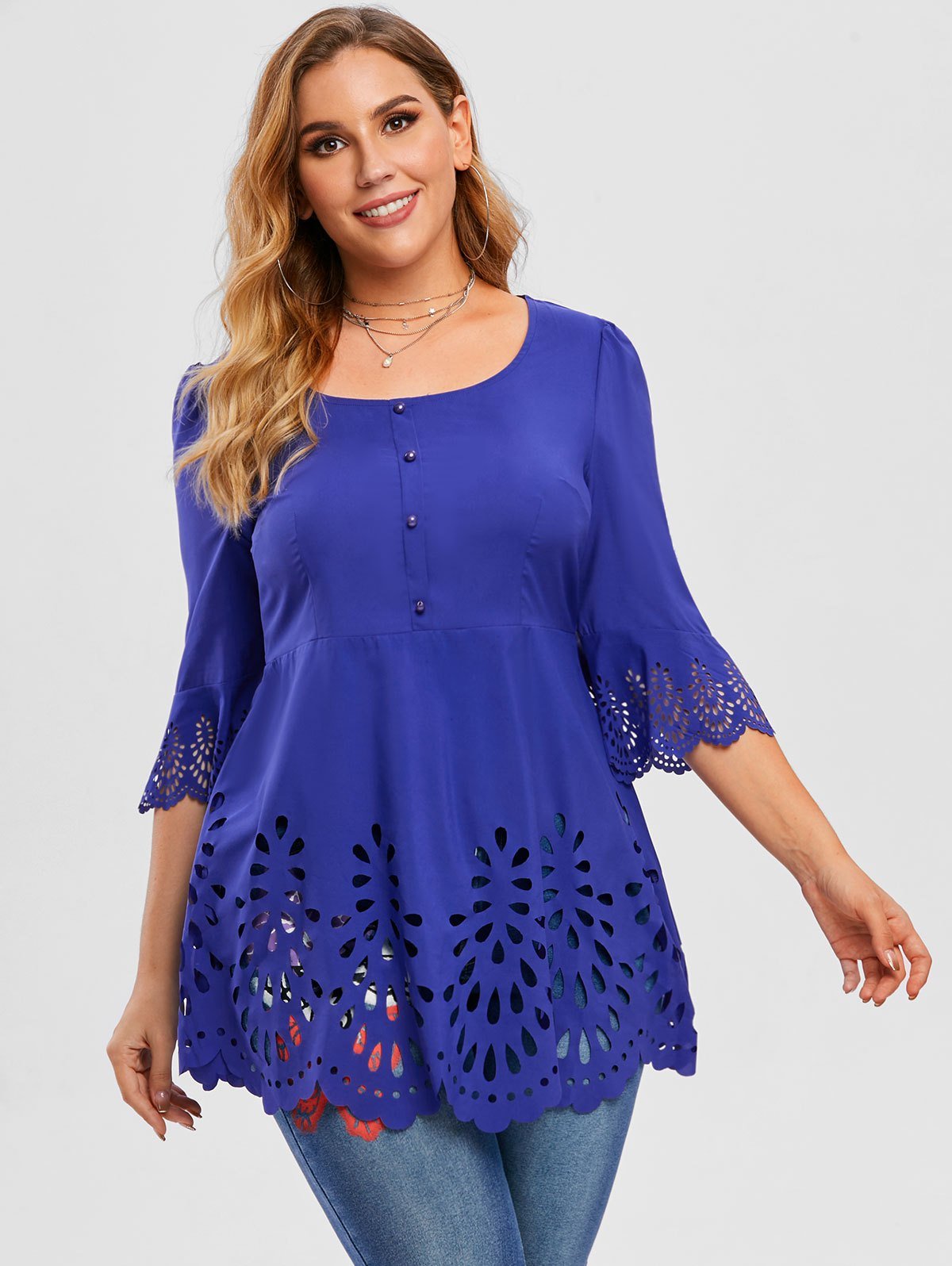 Plus Size Bell Sleeve Laser Cut Top