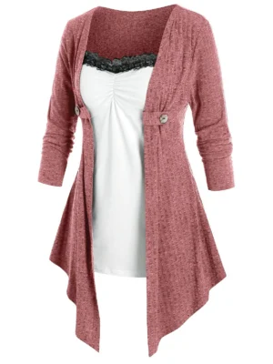 Plus Size Lace Insert Draped Long Sleeve Knitted Top