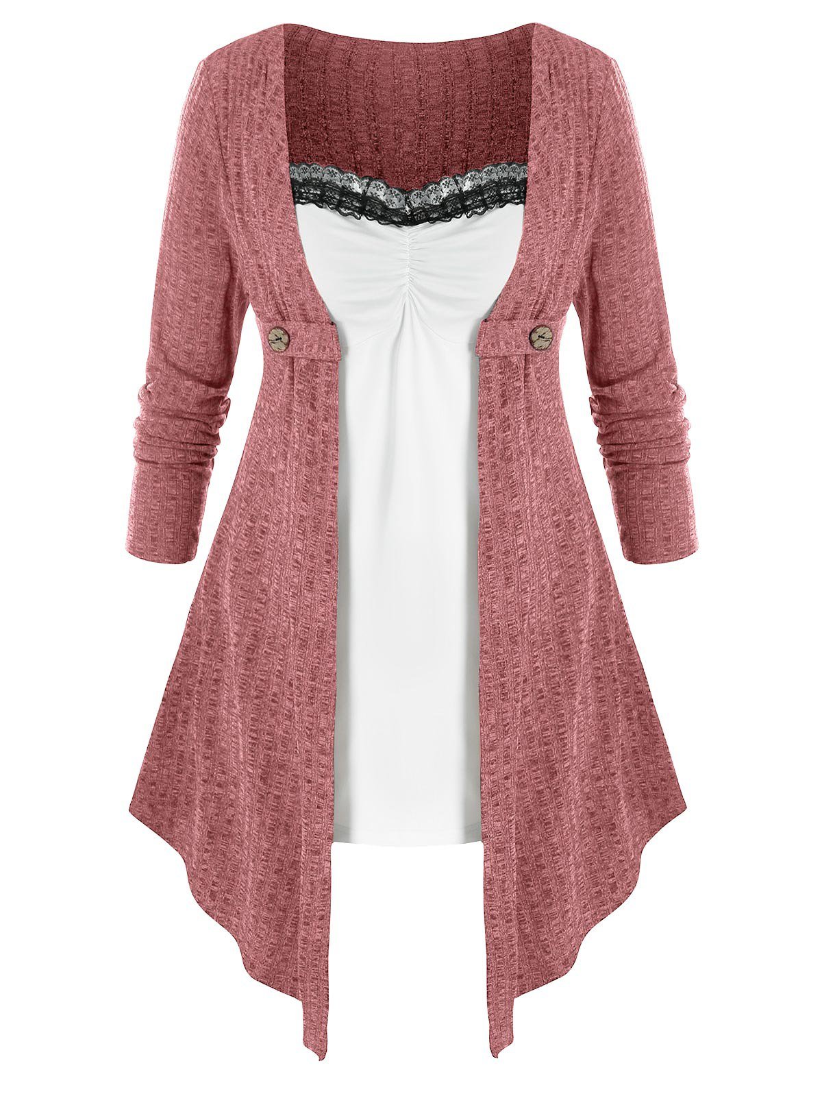 Plus Size Lace Insert Draped Long Sleeve Knitted Top