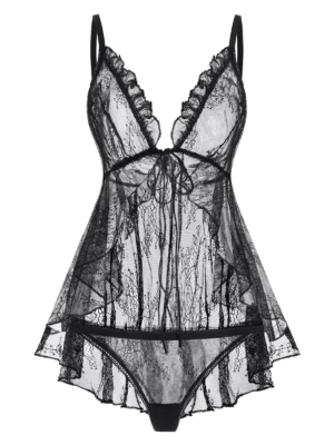 Plus Size Lace Flounce See Thru Sexy Lingerie Set