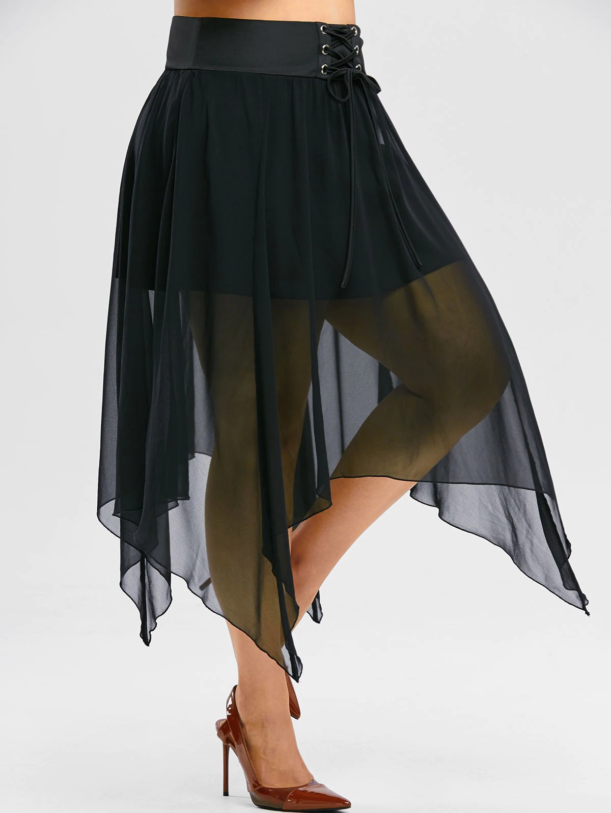 Plus Size Gothic Lace Up Mesh Overlay Handkerchief Skirt