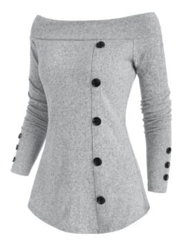 Off Shoulder Mock Button Heather Knitwear