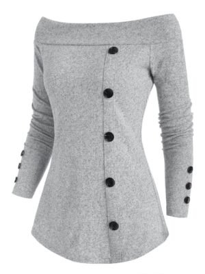 Off Shoulder Mock Button Heather Knitwear