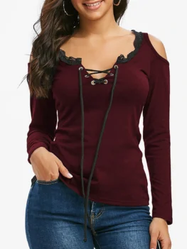 Lace Insert Open Shoulder Lace-up T-shirt