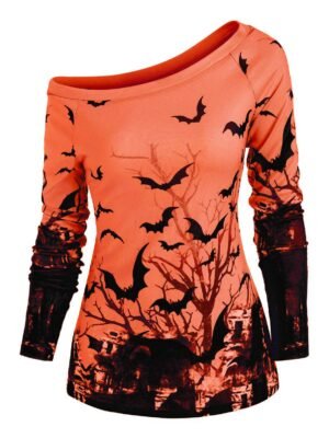 Tree Bat Print One Shoulder Ralgan Sleeve Knitwear