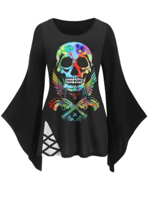 Plus Size Halloween Skull Gun Print Bell Sleeve Top
