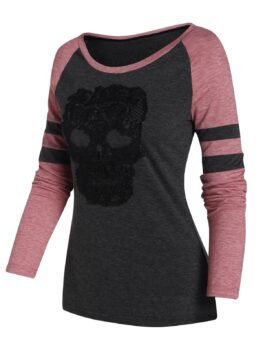 Halloween Skull Lace Panel Contrast Raglan Sleeve T-shirt