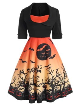Halloween Cuffed Pumpkin Bat Print Collared Dress
