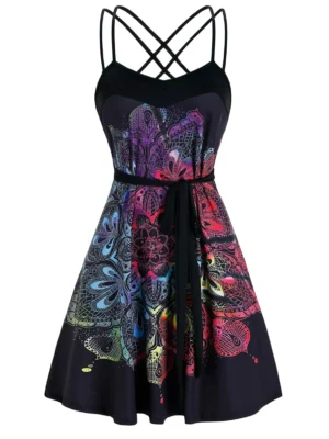 Dream Catcher Bohemian Print Strappy Belted Dress