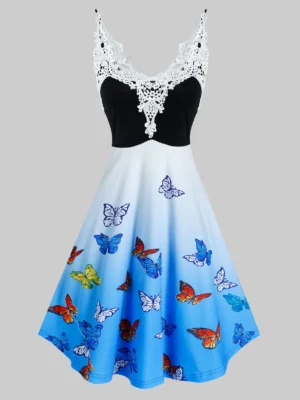 Butterfly Print Lace Insert Ombre Color Dress