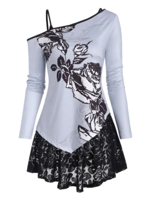 Skew Collar Floral Top and Lace Camisole