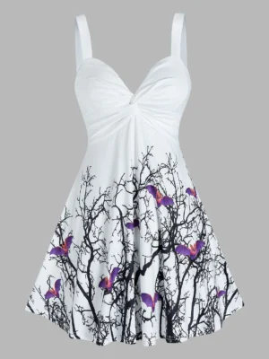 Halloween Bats Tree Print Twist Front Sleeveless Dress