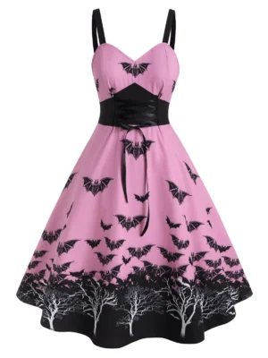 Plus Size Halloween Vintage Bat Print Lace Up Dres