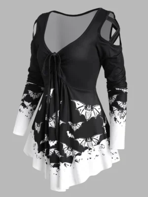 Halloween Bat Print Cold Shoulder Cinched Crisscross T-shirt