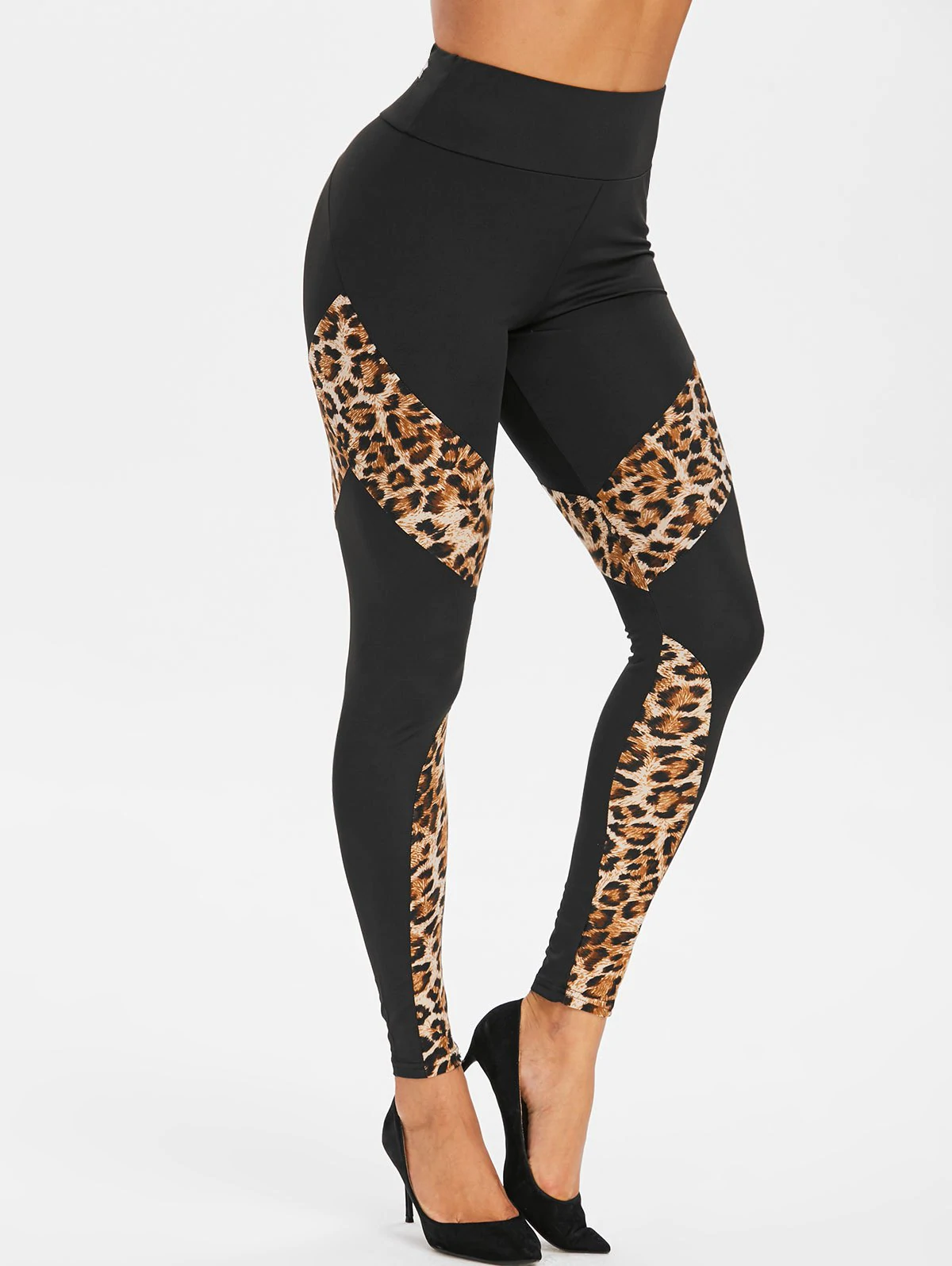 Zippered Leopard Panel High Waisted Leggings