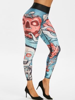 Halloween Skull Print Wide Waistband Gym Leggings