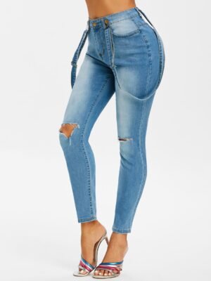 Distressed Skinny Suspender Jeans