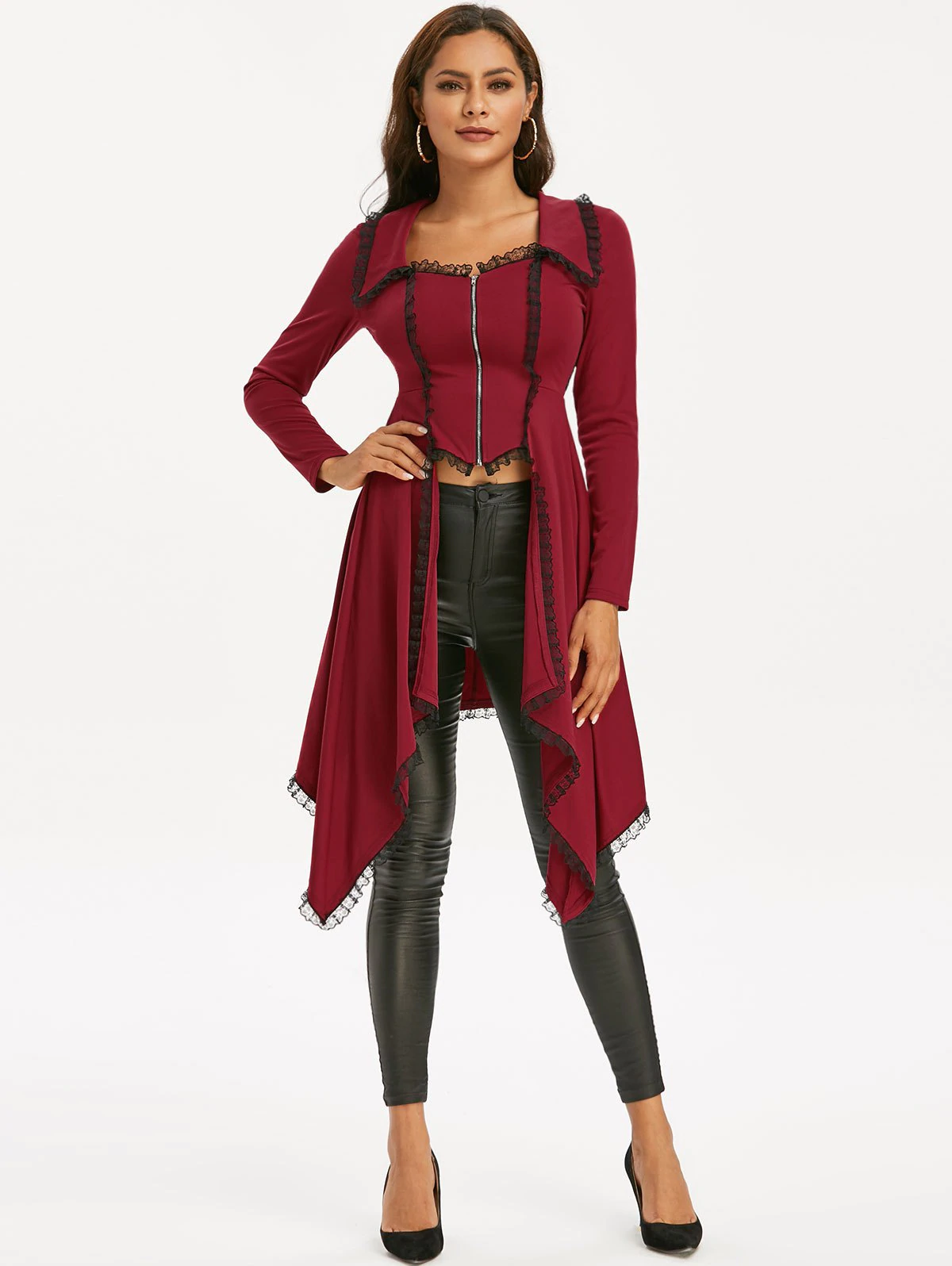 Lace Trim Lace-up Faux Twinset Skirted Coat