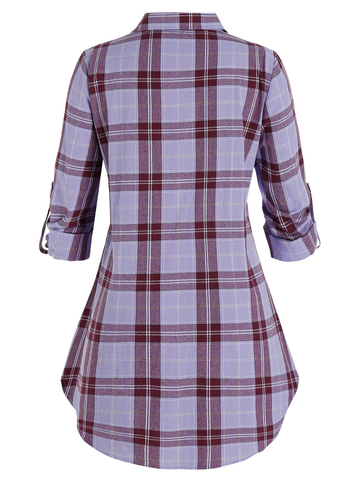 Plus Size Plaid Curved Hem Rolled Up Sleeve Shirt