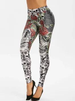 Halloween Skull Flower Eagle Print High Waisted Leggings