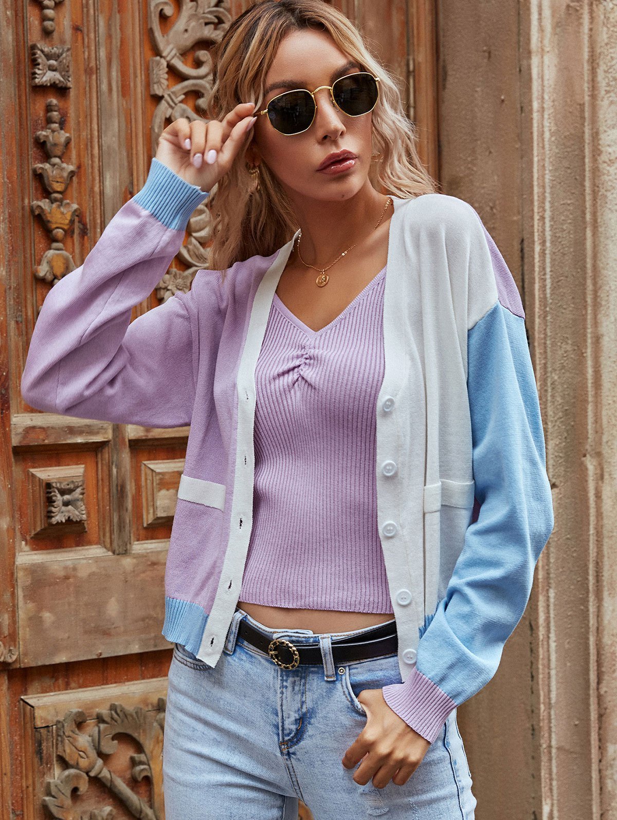 V Neck Colorblock Cardigan