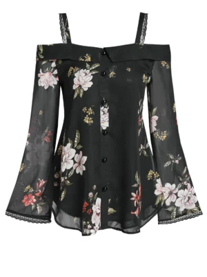 Floral Print Mock Button Open Shoulder Chiffon Blouse