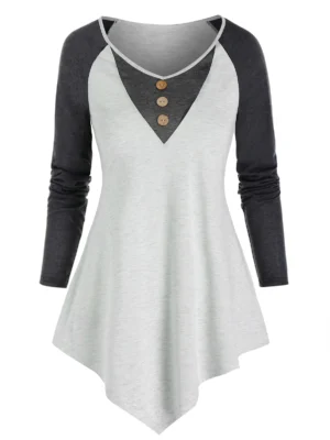 Raglan Sleeve Asymmetric Contrast T-shirt