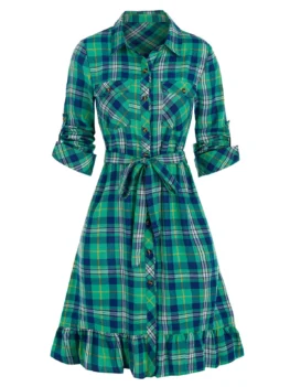 Plaid Print Double Pockets Belted Shirt Dress