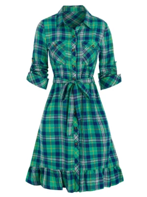 Plaid Print Double Pockets Belted Shirt Dress