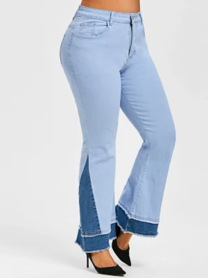 Plus Size Two Tone Frayed Bell Bottom Jeans
