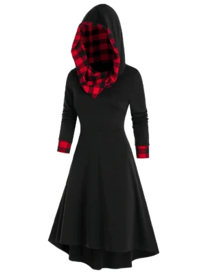 Hooded Plaid Print Lace-up High Low Dress