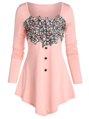 Flower Lace Panel Pointed Hem T-shirt