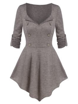 Mock Button Pointed Hem Heathered T-shirt